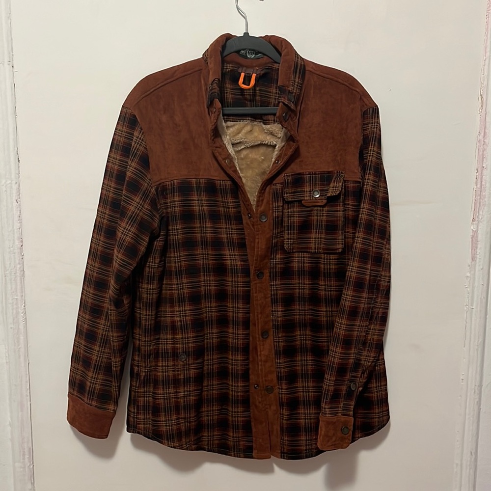 Corduroy trim, furry lined, flannel snap front shirt/jacket.